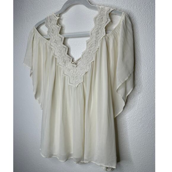 Love Sam Ivory Cream Crochet V-Neckline Tie Back Cold Shoulder Top M - Picture 3 of 16